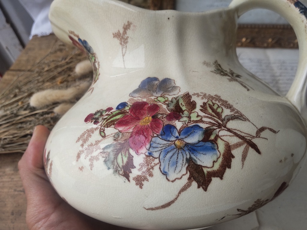 ☆フランス アンティーク 花絵 ピッチャー 水差し 陶器 1900年 ☆