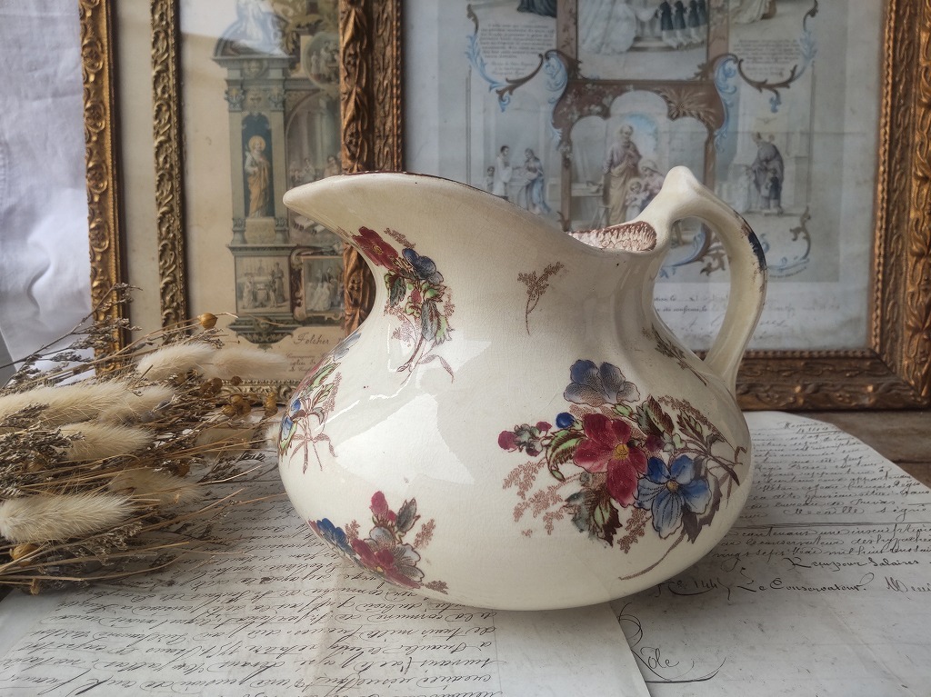 ☆フランス アンティーク 花絵 ピッチャー 水差し 陶器 1900年 ☆