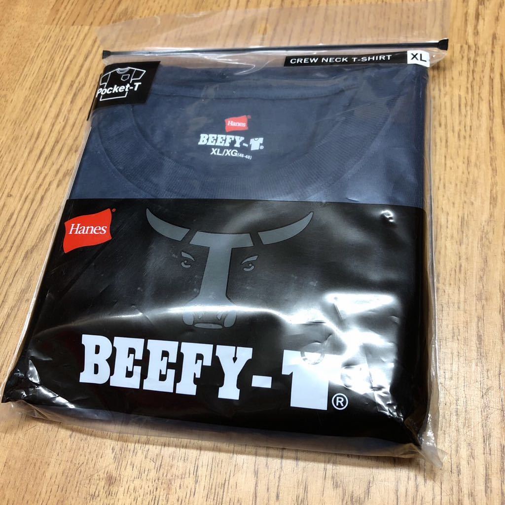 【未使用】Hanes /BEEFY-T /ヘインズ メンズXL ネイビー 半袖Tシャツ ポケットTシャツ クルーネック 綿100% 無地 トップス b_画像1