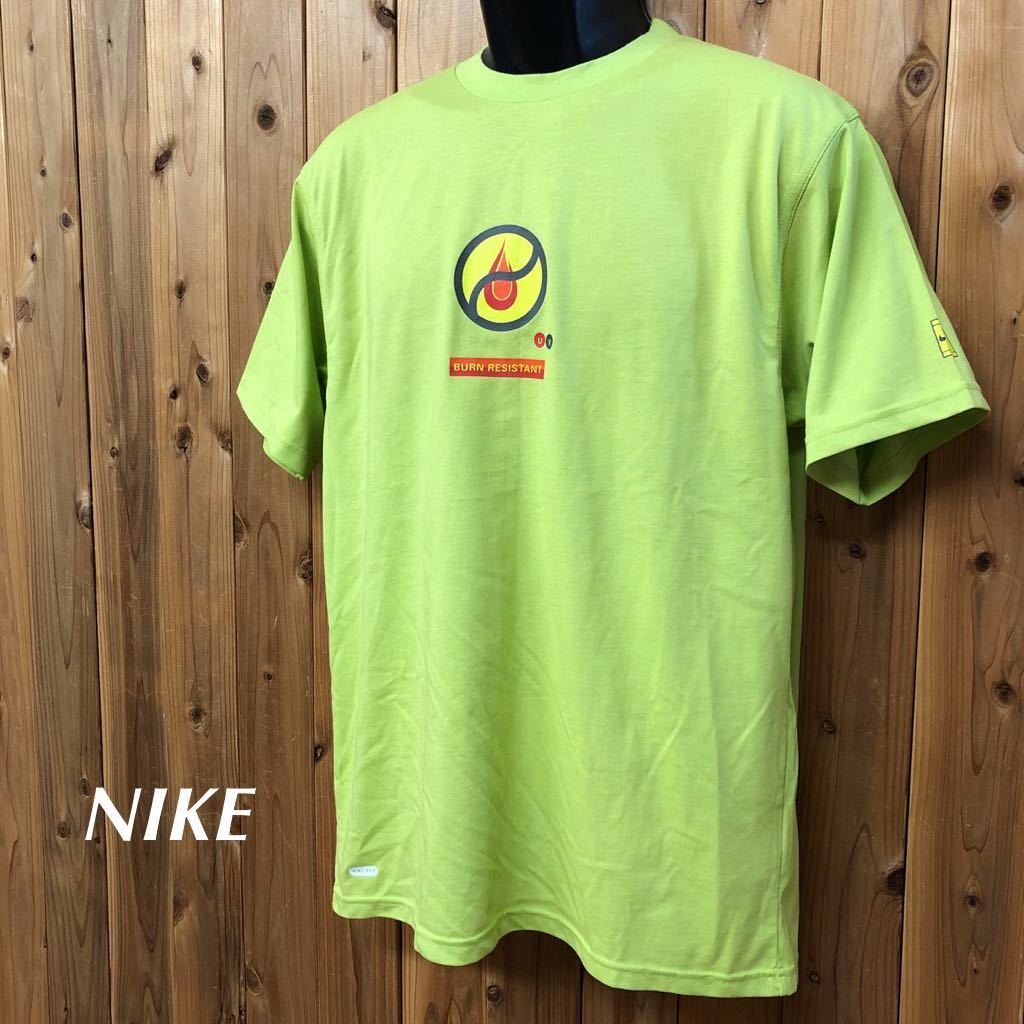 NIKE /DRI-FIT /ナイキ /メンズM 半袖Tシャツ トップス プリントTシャツ 黄緑 BURN RESISTANT 綿ポリ スポーツウェア_画像1