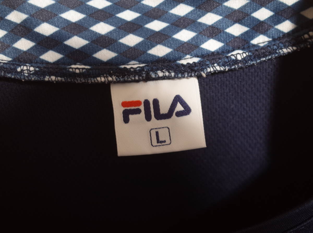レディース ph125 FILA フィラ チェック切替 重ね着風 半袖 トレーニングシャツ L ネイビー Tシャツ_画像4
