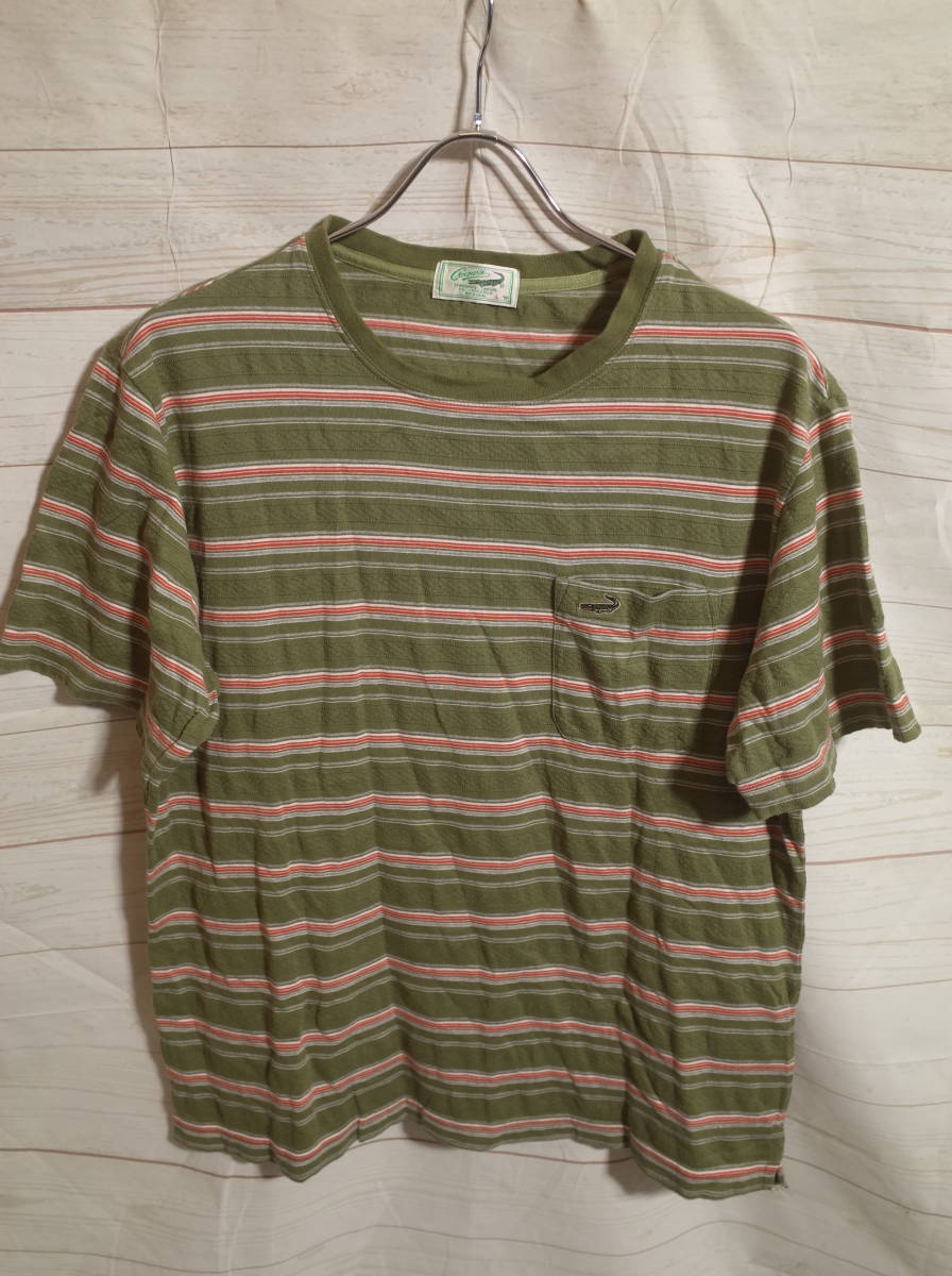 メンズ pg863 クロコダイル CROCODILE ボーダー 半袖 ポケット Tシャツ L 緑系_画像1