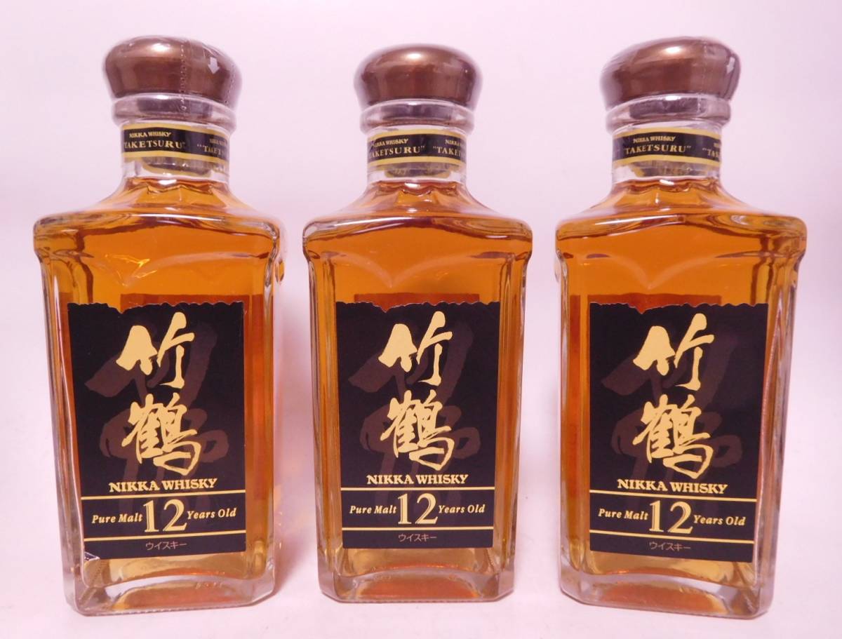 ★古酒☆ ニッカ 竹鶴 12年 ピュアモルト 180ml 40% 旧角瓶 ３本セット ☆ NIKKA Taketsuru Pure Malt 12 years old, THREE Bottles ★_画像1