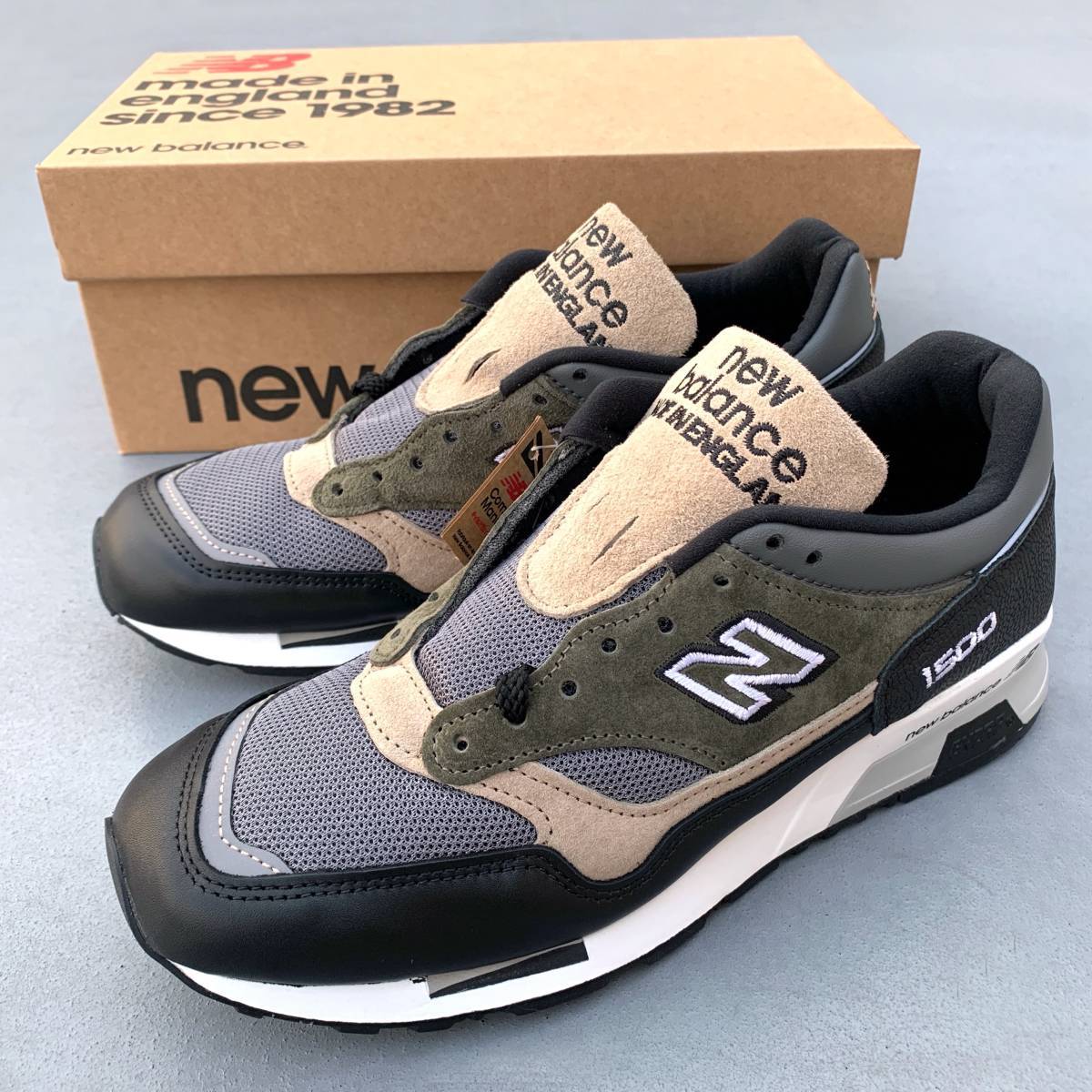 NB直営店限定 UK製 NEW BALANCE M1500FDS オリーブ×ブラック×ベージュ×グレー US9D 27cm 30th記念 スエード 新品 イギリス製 英国製_画像1