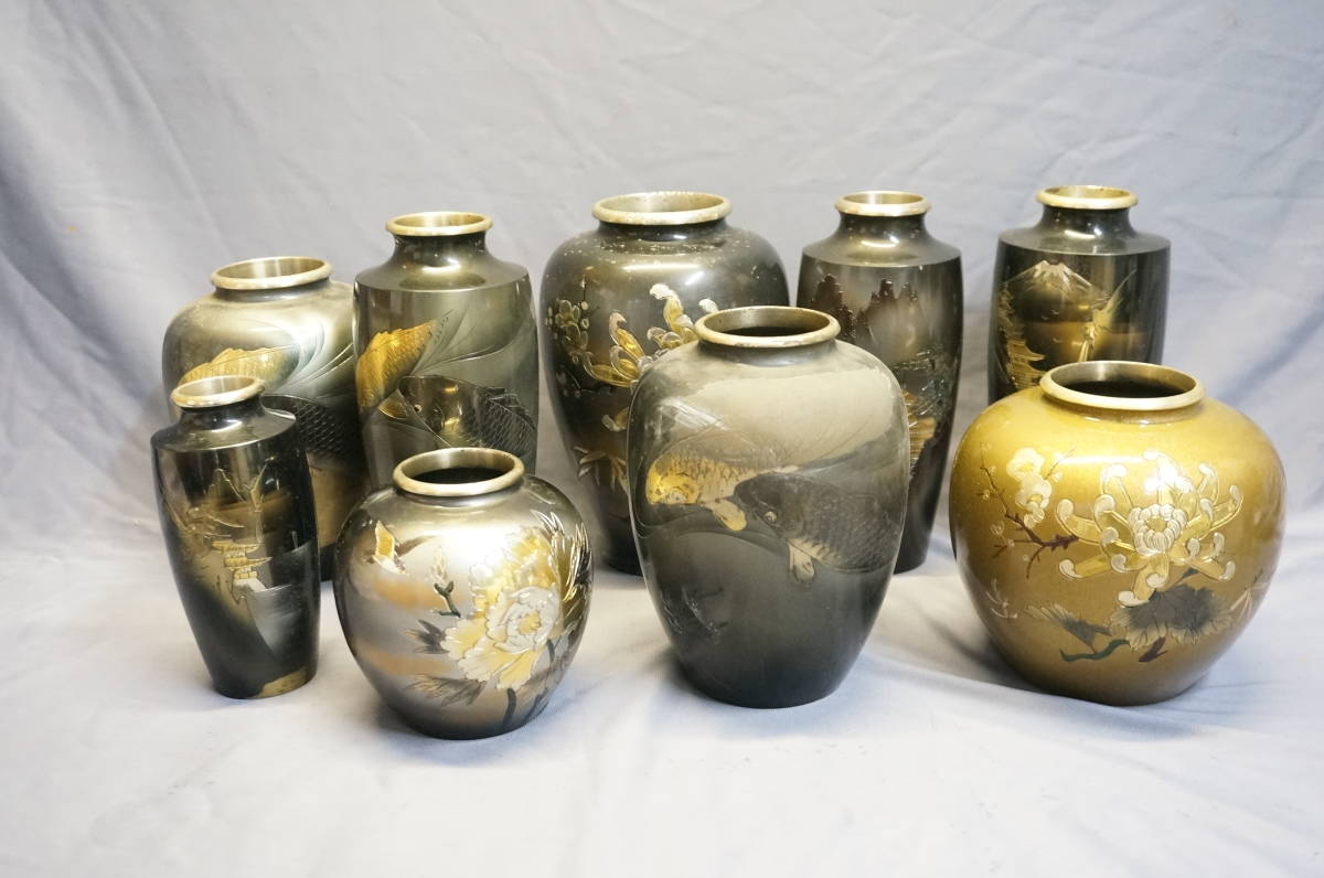 . copper made engraving vase 9 pcs set [ dead stock ]E005