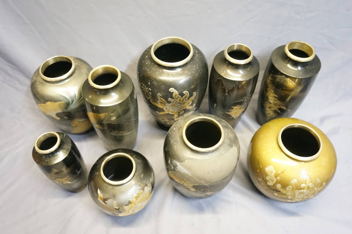 . copper made engraving vase 9 pcs set [ dead stock ]E005