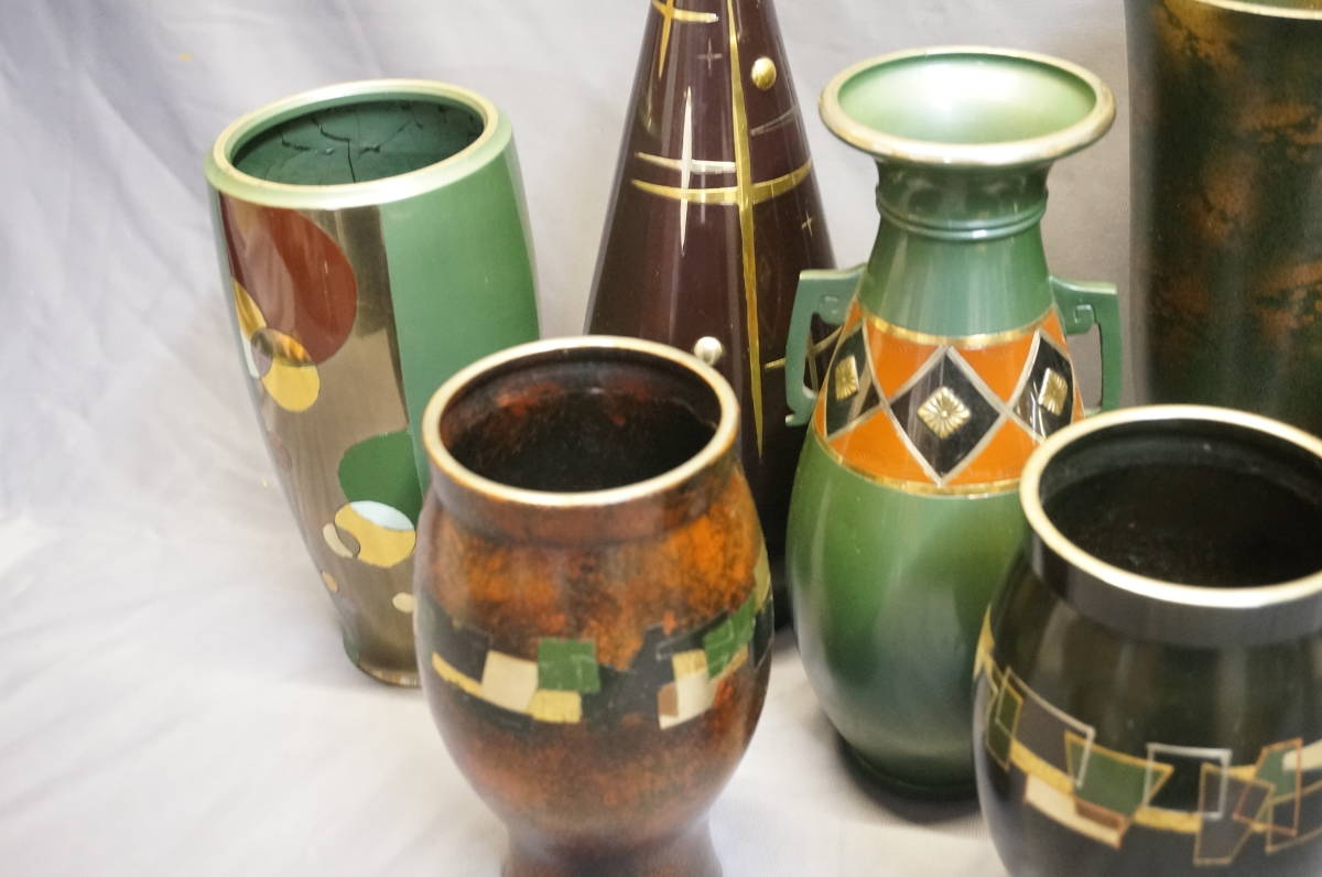 . copper made fine art vase 8 pcs set [ dead stock ]E006