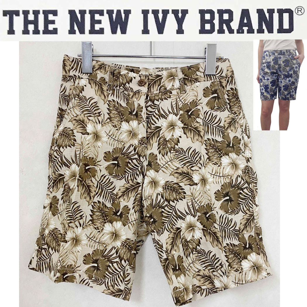 新品 S ★ コストコ THE NEW IVY BRAND レディース ハーフパンツ US-XS 花柄 リネン混 麻 ショートパンツ ウエストゴム ハイビスカス 南国_画像1