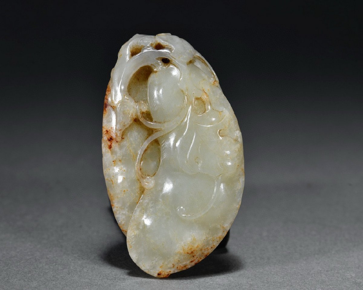 ◇鶴鳴堂◇中国・清時代和田玉豆莢紋彫り物極細工古置物古擺件中国古
