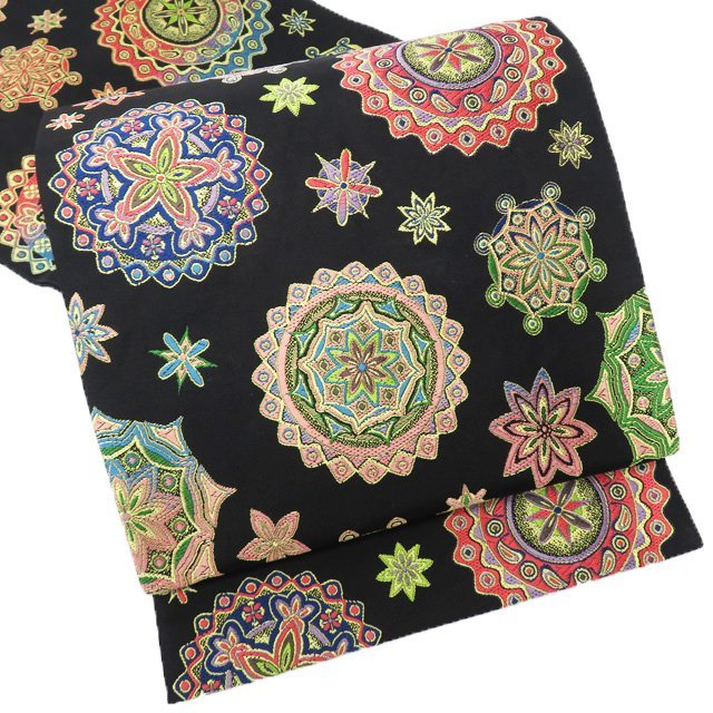 特選 袋帯 中古 リサイクル 正絹 カジュアル 仕立て上がり 六通 花模様 黒色 多色 きもの北條 A868-9