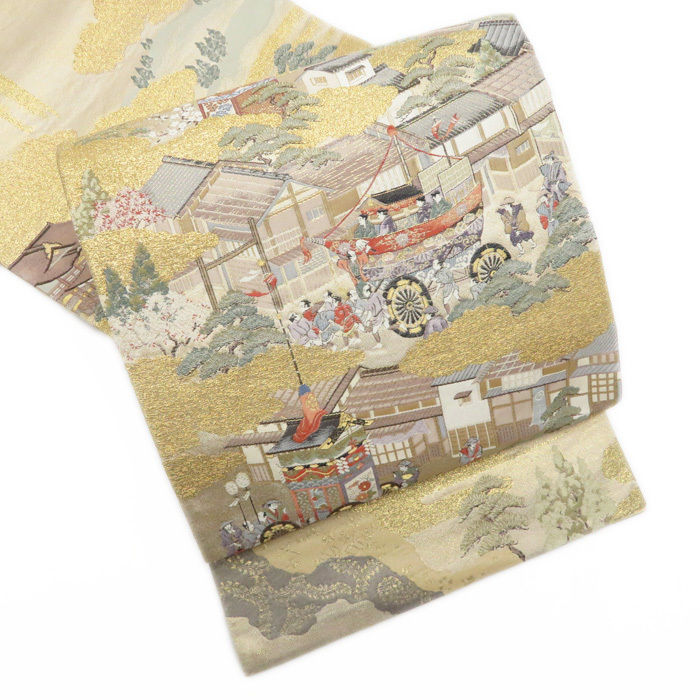 華麗 ★きもの北條★ 【中古】 A653-1 江戸時代の町風景 個性豊かな装いに 金色 多色 袋帯 仕立て上がり 華麗 ★きもの北條★ 【中古】 A653-1 江戸時代の町風景 個性豊かな装いに 金色 多色 袋帯 仕立て上がり