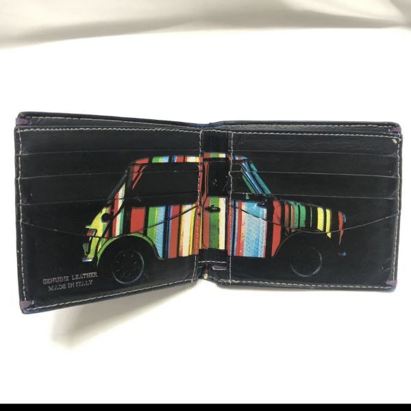 Paul Smithポールスミス ミニクーパー 二つ折り財布 薄型コンパクトウォレットレザー マルチストライプ Mini Cooper 車 プリント_画像2