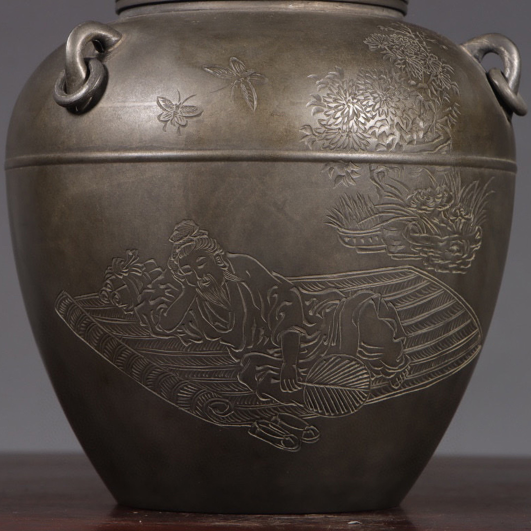 古錫 茶葉罐 蔵六居造 「錫製納涼図詩文三系耳茶心壺」 茶筒 茶入 茶壷