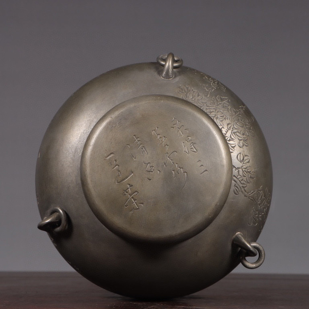 古錫 茶葉罐 藏六居造 「錫刻嬰戯図詩文三系耳茶心壺」 茶筒 茶入 茶壷