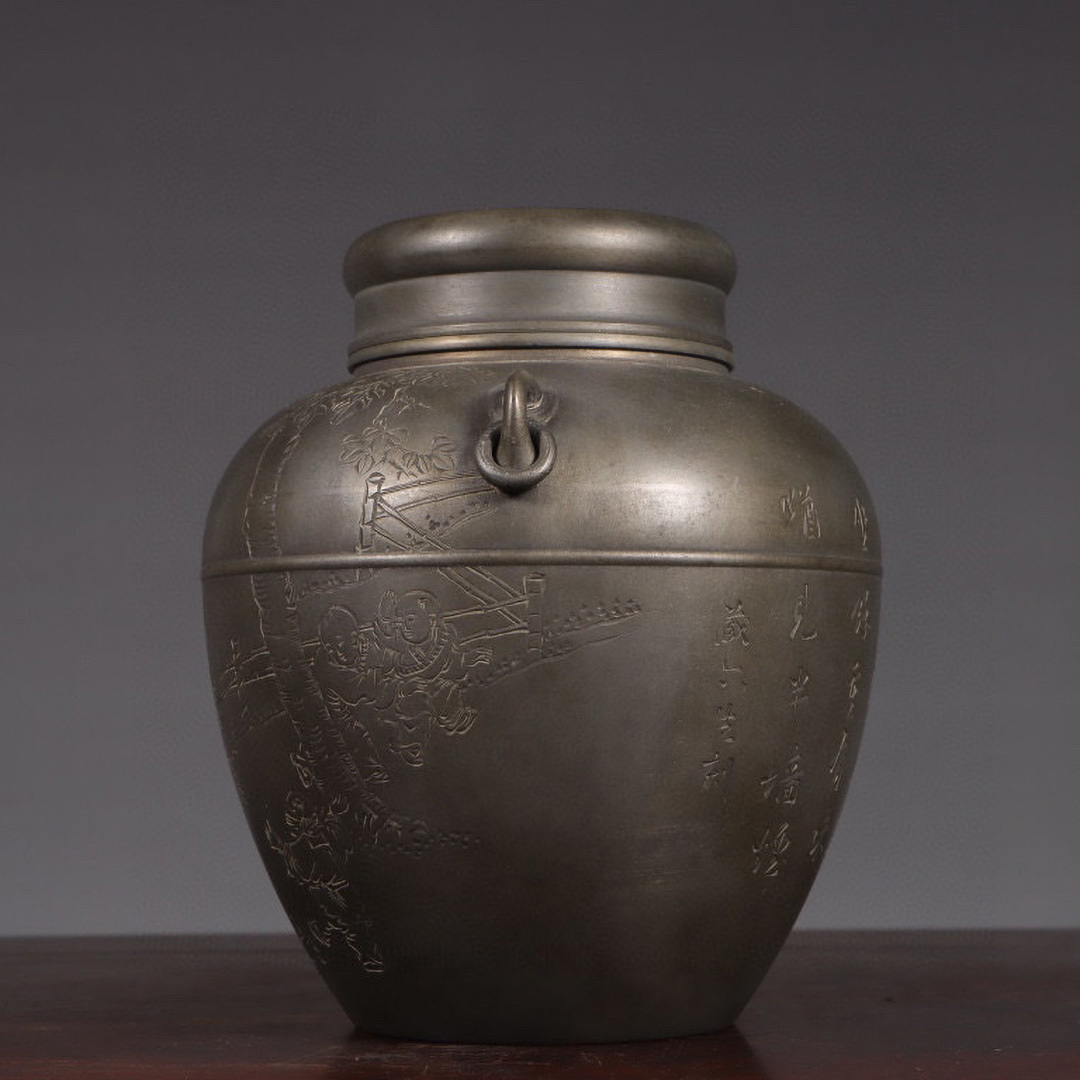 古錫 茶葉罐 藏六居造 「錫刻嬰戯図詩文三系耳茶心壺」 茶筒 茶入 茶壷