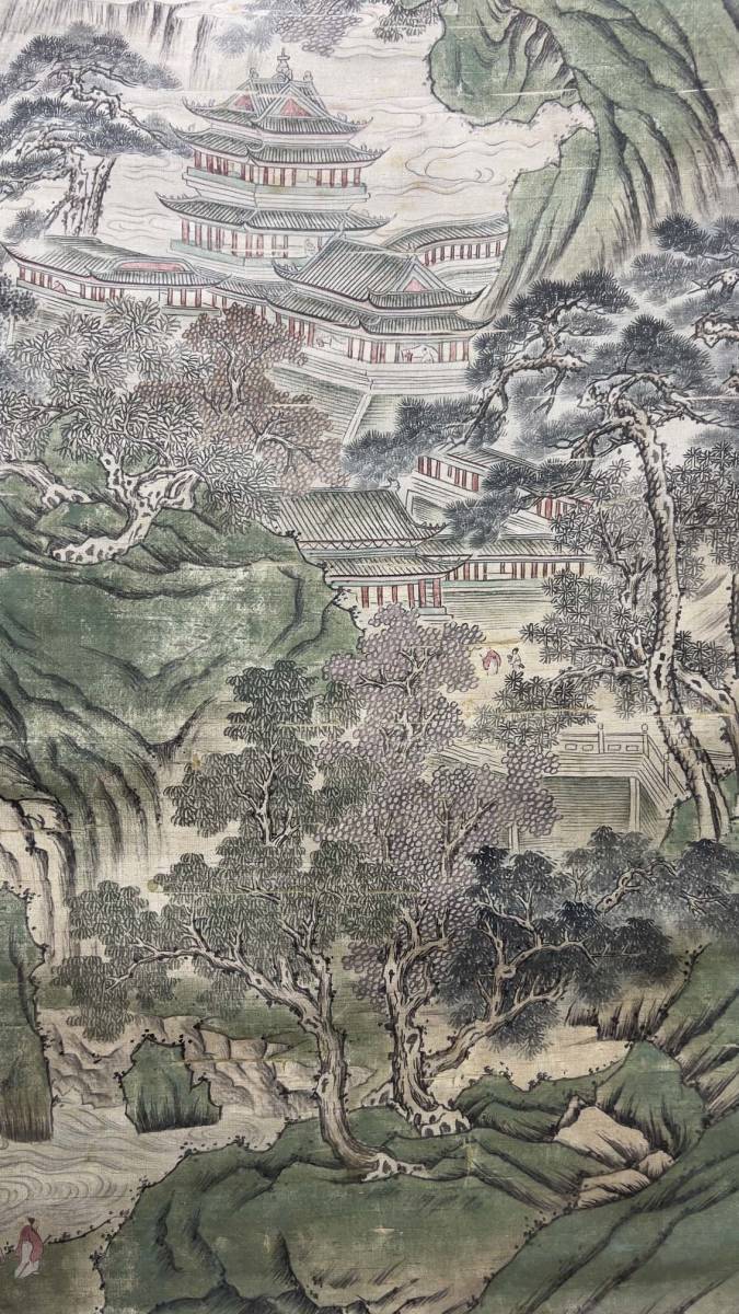 古美術 掛軸 中国・明時代 文征明書 「茂林楼閣図」 絹本 立軸 書道