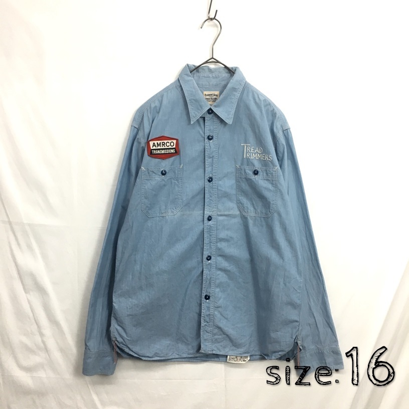 【完売】 KZ6220★PHERROW'S STORMY BLUE : シャンブレーワークシャツ★16★ブルー系 ワッペン/刺繍ロゴデザイン フェローズ 長袖シャツ 【完売】 KZ6220★PHERROW'S STORMY BLUE : シャンブレーワークシャツ★16★ブルー系 ワッペン/刺繍ロゴデザイン フェローズ 長袖シャツ