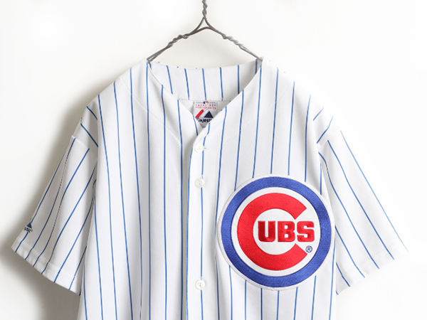 USA製  MLB オフィシャル Majestic シカゴ カブス ストライプ ベースボール シャツ メンズ M ゲームシャツ ユニフォーム  大リーグ 野球