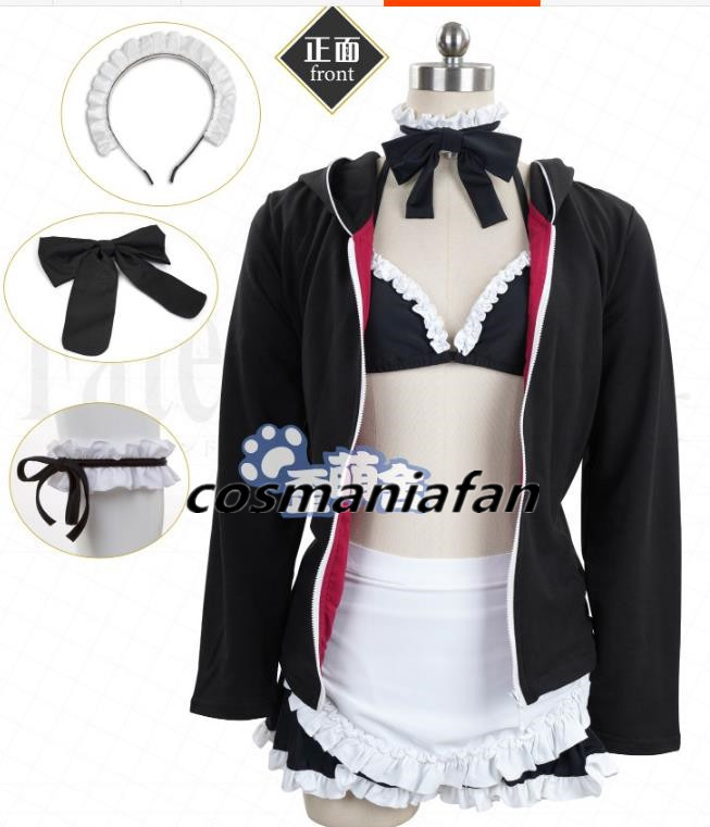 Fate/Grand Order フェイトグランドオーダー FGO 黑 saber セイバー メイド服 コスプレ衣装+髪飾り + 腿飾り 水着 - 0