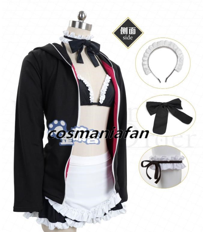 Fate/Grand Order フェイトグランドオーダー FGO 黑 saber セイバー メイド服 コスプレ衣装+髪飾り + 腿飾り 水着 - 1