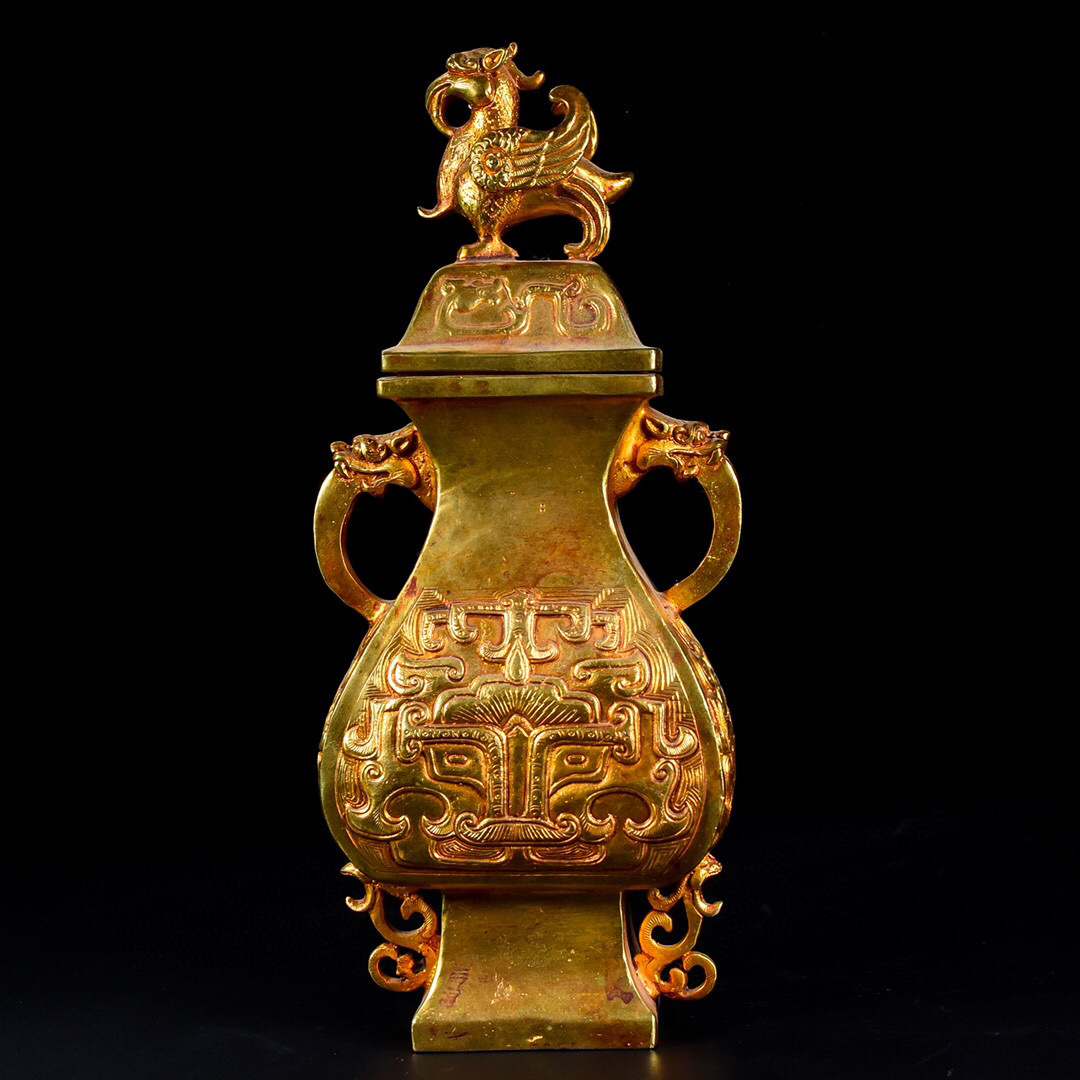 銅製・塗金・雙龍耳獣瓶『収蔵家蔵』稀少珍品・置物・古賞物・中国古美術