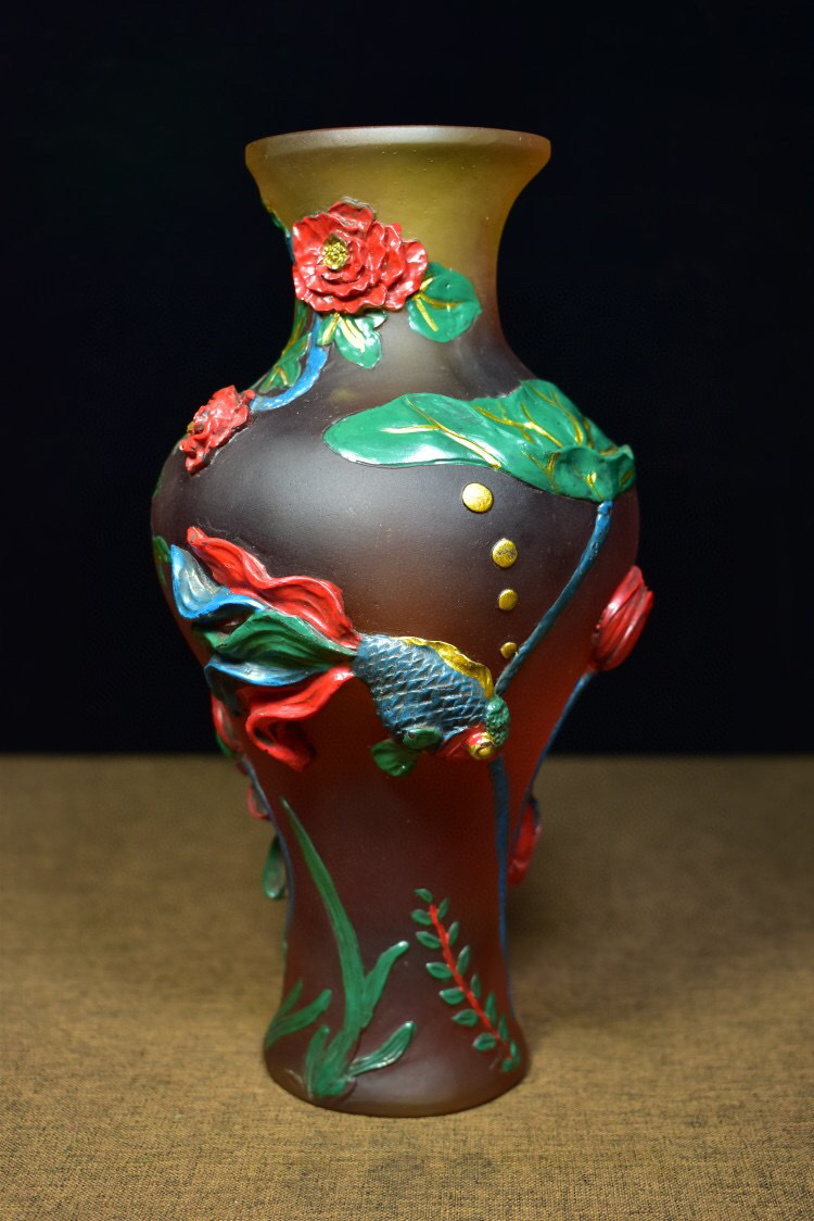 琉璃製・細密彫・描金・彩繪・連年有餘花瓶『収蔵家蔵』置物・古賞物