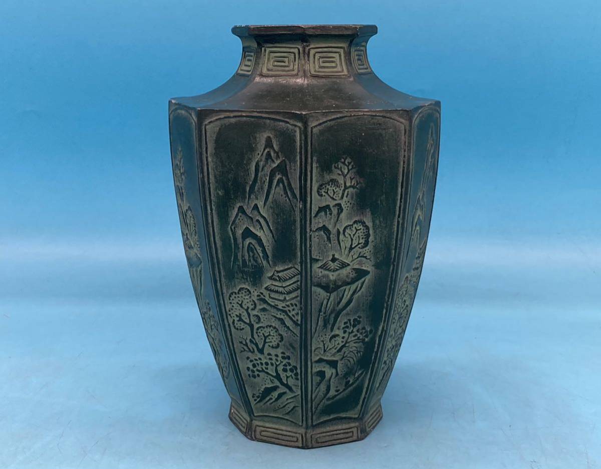 【A7337O108】青銅 八角 花瓶 花器 中国 骨董品 アンティーク 古物 銅製の画像1