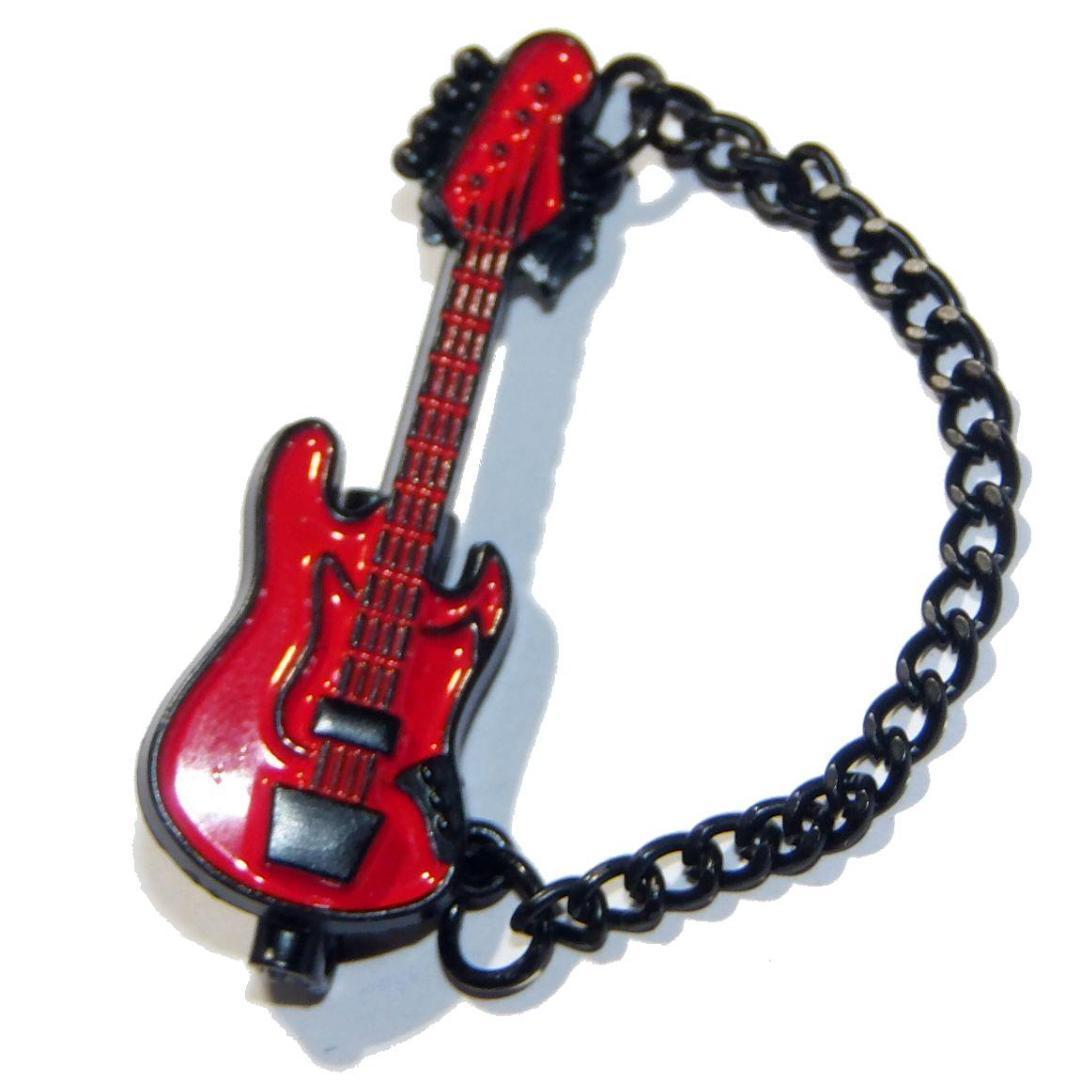 エレキギター　ベース　エナメル　バッジ　ピンバッジ　ブローチ　ストラップ　チェーン付き　赤色　安全ピン_画像1