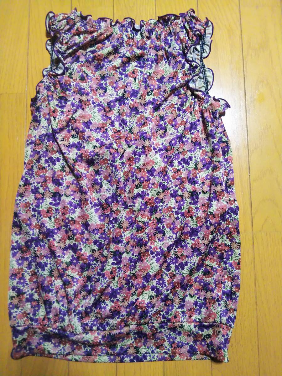 ANTIPODE 袖なし カットソー フリフリ パープル 紫色 花柄 Vネック Mサイズ USED_画像2
