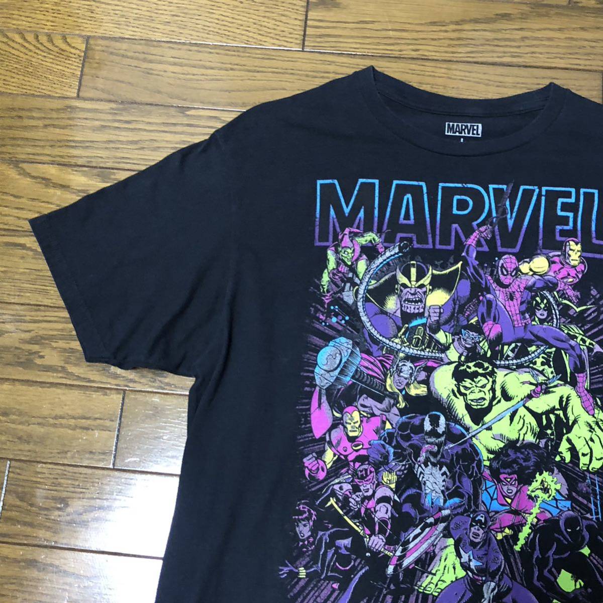 MARVEL マーベル ビッグロゴ コミック ヒーロー XL 黒 半袖Tシャツ - T