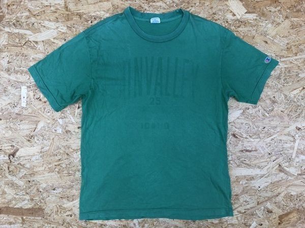 チャンピオン Champion Tシャツ 刺繍ロゴ 丸首 英字 半袖 カットソー ボックスカット 綿100% M グリーン 緑色 メンズ_画像1