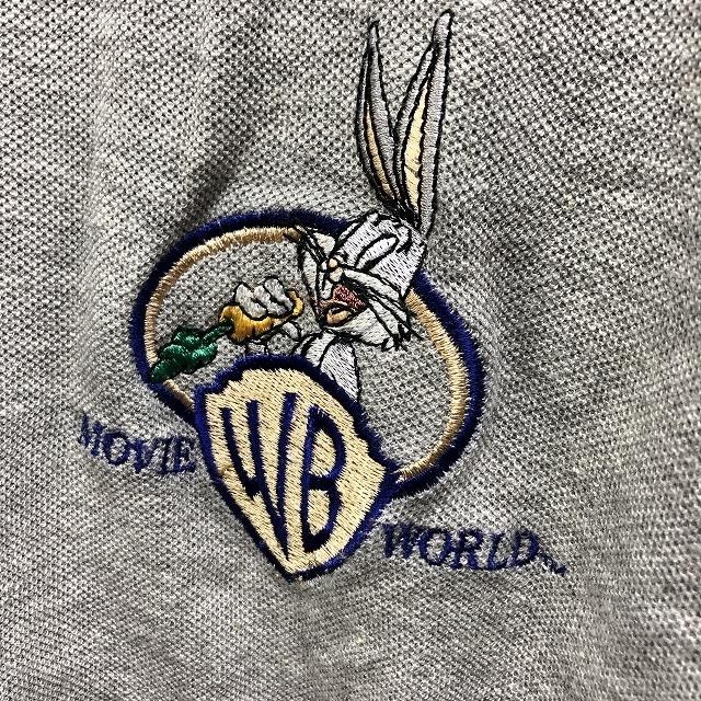 ワーナーブラザース Warner Bros. MOVIE WORLD ポロシャツ 鹿の子 ルーニーテューンズ ロゴ刺繍 半袖 綿100% XS ヘザーグレー メンズ_画像4