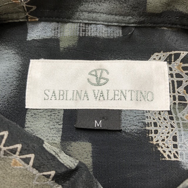 サブリナバレンチノ SABLINA VALENTINO 薄手 総柄シャツ 半袖 ポリ100% M ブルーグレー系×ライトブラック×グリーン系など メンズ_画像5