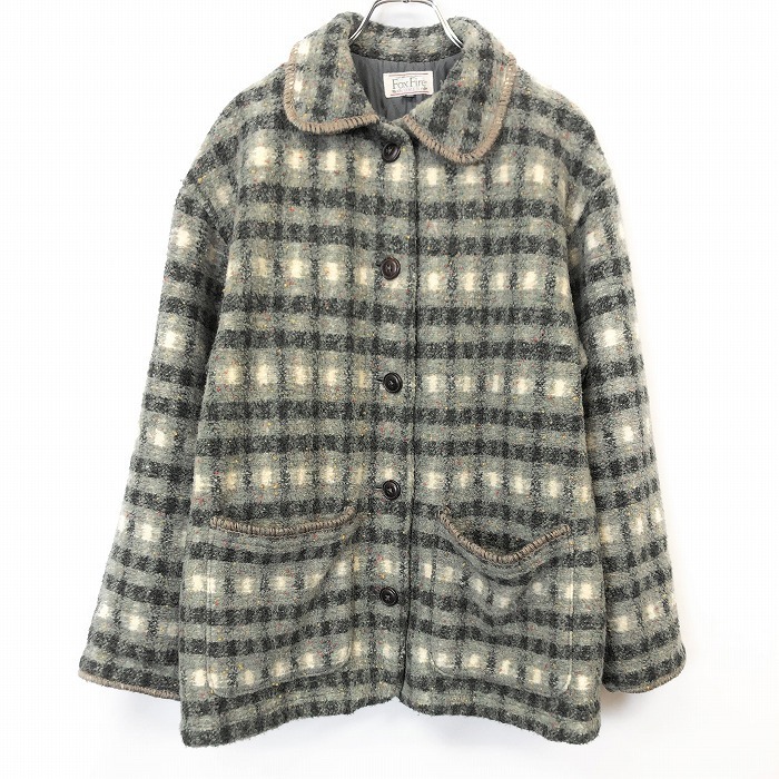  Foxfire Foxfire cotton inside colorful nep coat jacket lining attaching check long sleeve acrylic fiber × wool × poly- L gray series lady's 