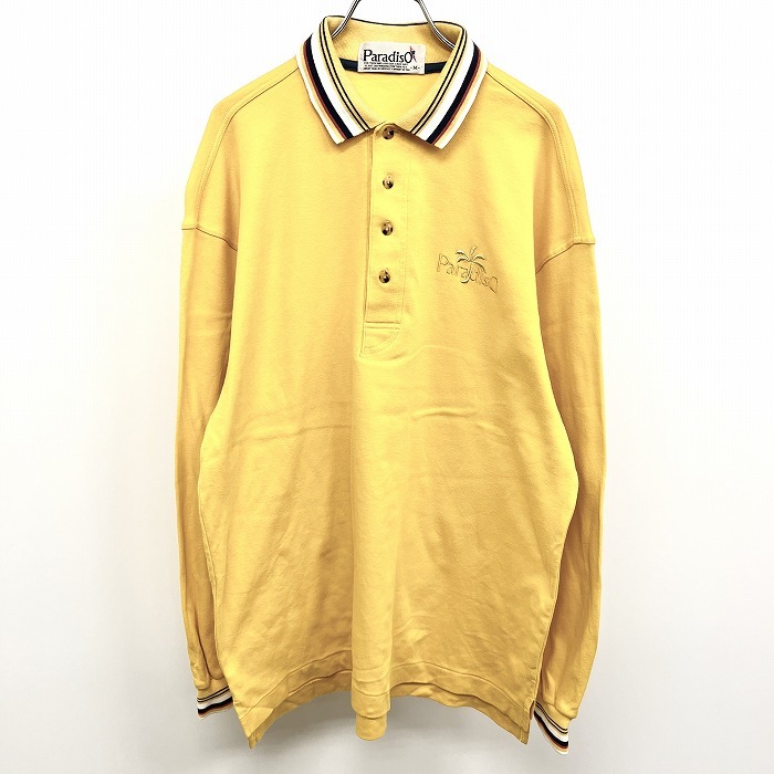 パラディーゾ PARADISO ポロシャツ Tシャツ生地 ロゴ刺繍 ヤシの木 英字 長袖 日本製 綿100% M イエロー×ネイビー×ブラウン 黄色 メンズ_画像1