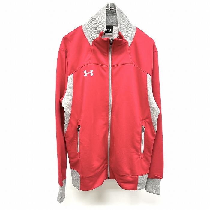 アンダーアーマー UNDER ARMOUR スウェットブルゾン ジップジャケット 裏毛 ハイネック 長袖 ポリ100% L レッド×ヘザーグレー 赤 メンズ_画像1