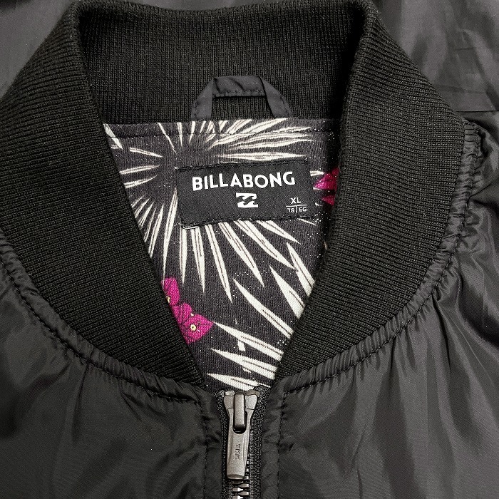 ビラボン BILLABONG 薄手 ブルゾン ジップジャケット 花柄裏地 表地は無地 長袖 ポリ100%(裏地：綿100%) XL ブラック 黒 レディース 女性_画像3