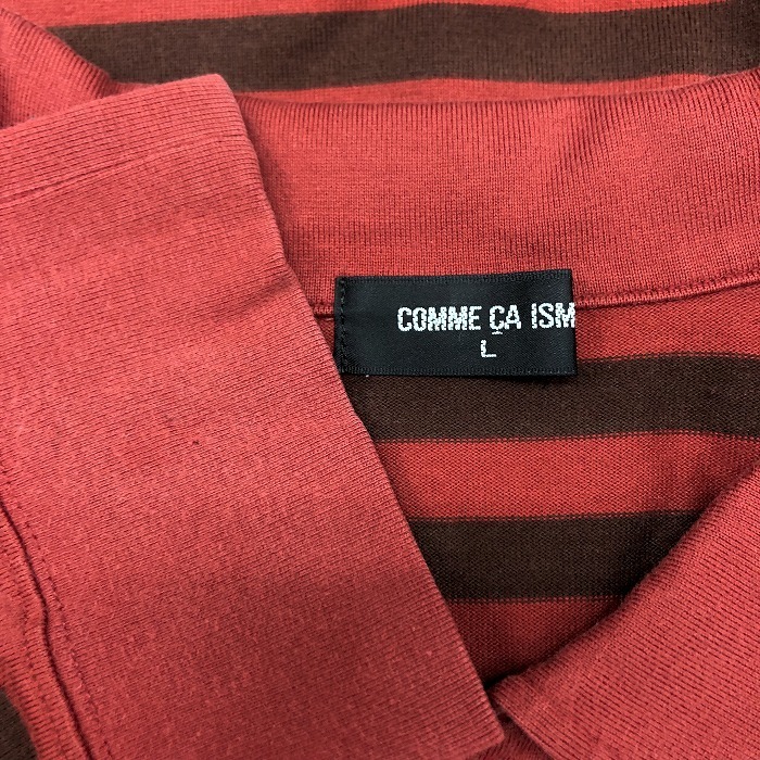 コムサイズム COMME CA ISM ポロシャツ カットソー Tシャツ生地 ボーダー ドットボタン 長袖 綿100% L レッド系×ブラウン 赤×茶 メンズ_画像3
