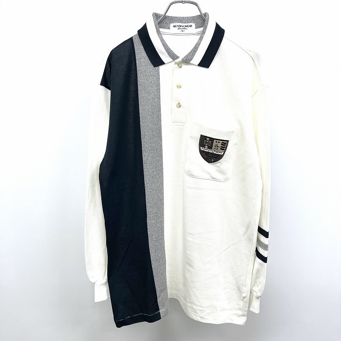 Munsingwear Grand Slam ゴルフ ポロシャツ 鹿の子 長袖 日本製 綿100% M オフホワイト×ダークネイビー(黒？)×杢グレー 白系 メンズ