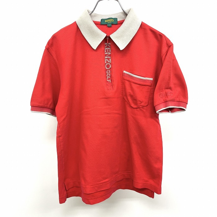ケンゾー ゴルフ KENZO GOLF ポロシャツ ハーフジップ 鹿の子 ロゴプリント 半袖 ポケット 日本製 綿100% 2 レッド系×グレー 赤系 メンズ_画像1