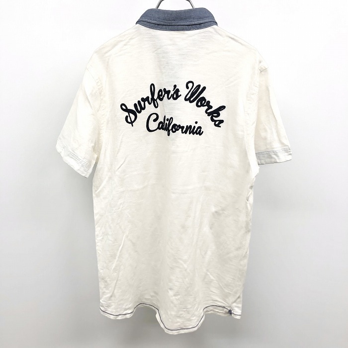 OCEAN PACIFIC 襟付きTシャツ カットソー ボタンダウン 背中に英字刺繍 半袖 綿100% L ヘザーオフホワイト×ネイビー 杢白系 メンズ_画像2