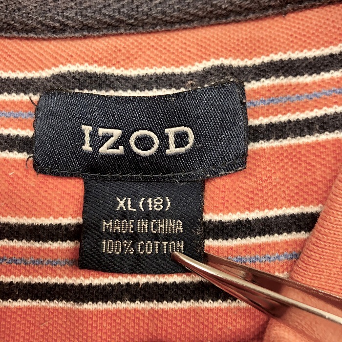 アイゾッド IZOD インポート古着 ポロシャツ カットソー 鹿の子 ボーダー ロゴ刺繍 半袖 綿100% コットン XL オレンジ×青×紺×白 メンズ_画像3