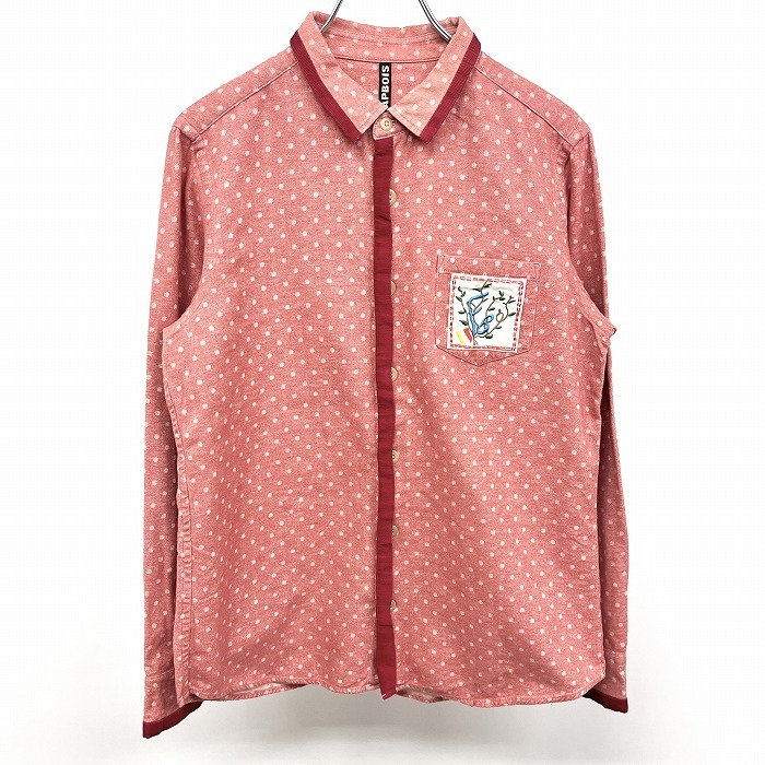 【おまけ付】 ネルシャツ 微起毛 FRAPBOIS フラボア ソフトネル レディース ピンク ベイクドピンク×レッド 1SIZE 綿100% 長袖 ドット柄 植物柄パッチ 長袖シャツ