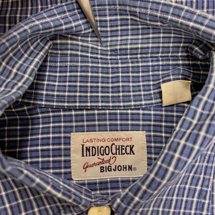 ビッグジョン BIG JOHN シャツ 『INDIGO CHECK』 インディゴチェック 両胸フラップポケット 長袖 綿100% M ネイビー×ホワイト 紺 メンズ_画像3