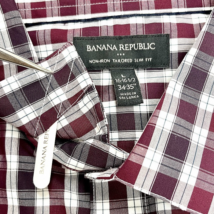 バナナリパブリック BANANA REPUBLIC シャツ チェック カラーキーパー入り 長袖 綿100% L ワインレッド×ホワイト×グリーン 赤紫系 メンズ_画像3