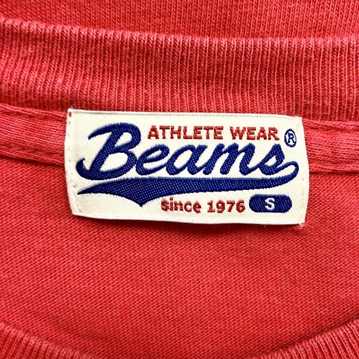 ビームス BEAMS Tシャツ カットソー ロンT 英字 カレッジプリント 丸首 クルーネック 長袖 綿100% コットン S レッド系 赤系 メンズ 男性_画像3