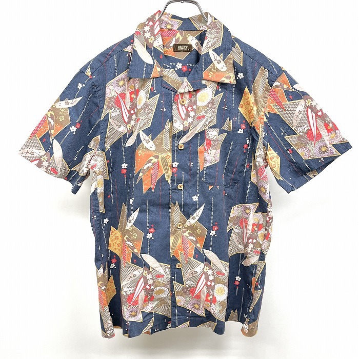スミスアメリカン SMITH'S AMERICAN オープンカラーシャツ 着物柄 花柄 ウッドボタン 半袖 綿100% M ネイビー×マルチカラー 紺 メンズ