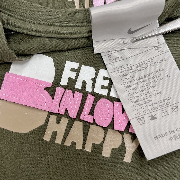 ナイキ NIKE Tシャツ ストレッチ 『FREE IN LOVE HAPPY』 半袖 綿など L 杢グリーンカーキ×ピンク×ブラウン×ホワイト 杢緑系 レディース_画像4