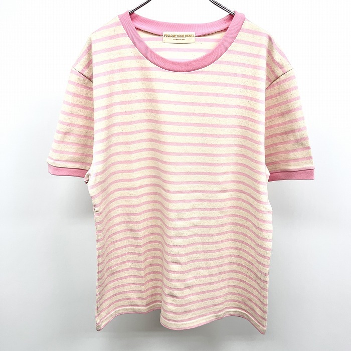 リルポロジー FOLLOW YOUR HEART LIL POLGY Tシャツ ボーダー 半袖 綿100% ONE SIZE ピンク×ナチュラルオフホワイト ピンク レディース_画像1