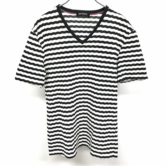 BOYCOTT Tシャツ シェブロンボーダー ジャカードのストライプ Vネック 半袖 日本製 ポリ×綿 4 白×黒(襟ぐり：ネイビー) レディース_画像1